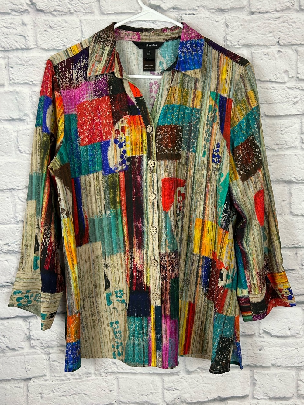 Ali Miles Abstract Patchwork Button Front Tunic Shirt Small Multicolor